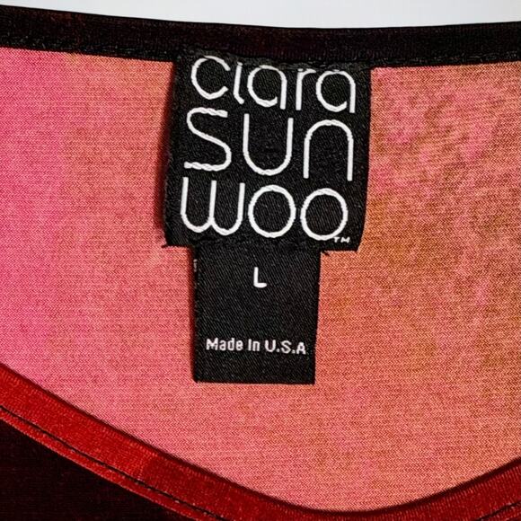 Clara Sun Woo Red Black Abstract Tunic Top Sz L Asym Hem Boho Sleeve Tie Detail - Picture 3 of 8